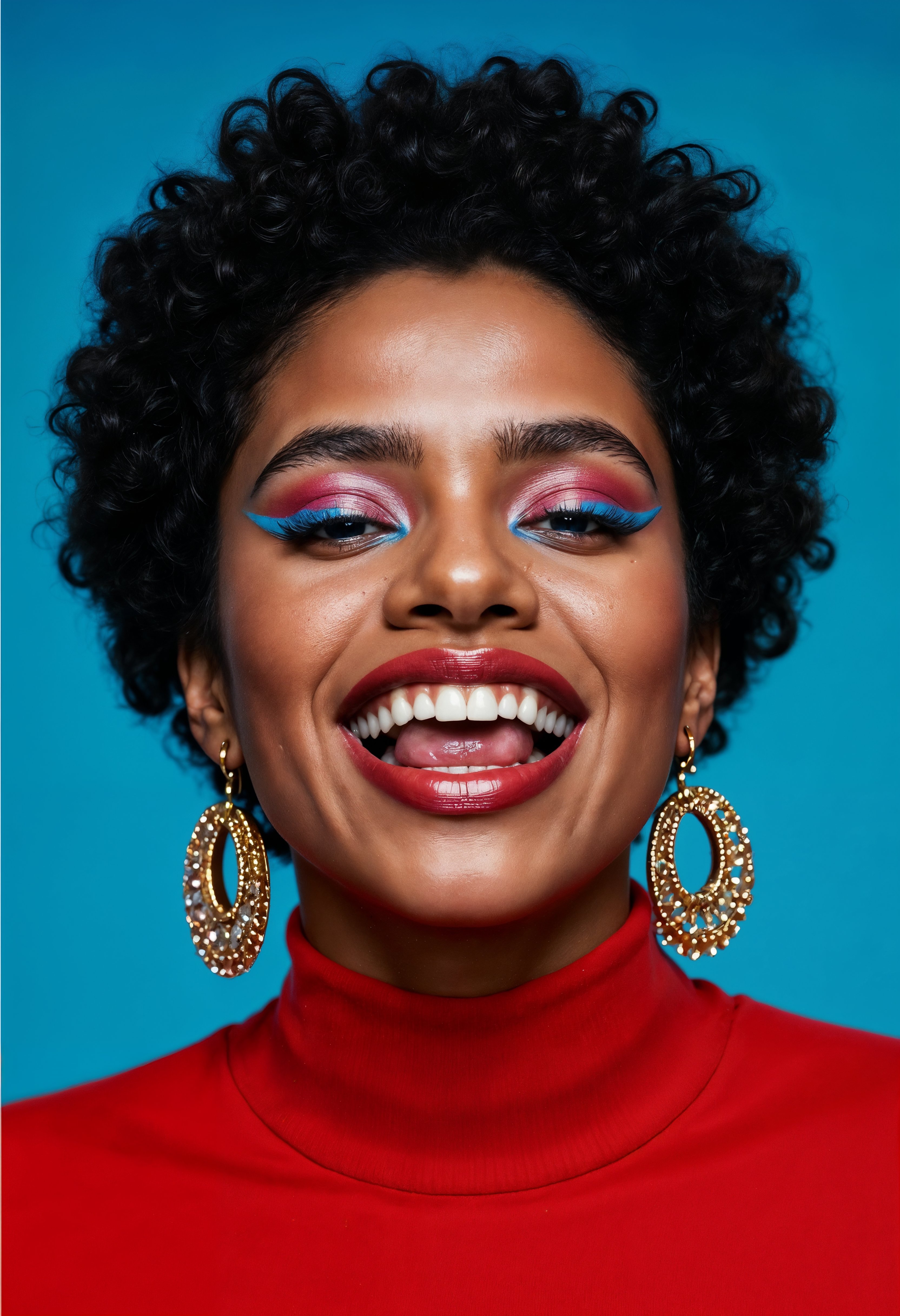 Color-pop beauty portrait with vivid blue and red makeup